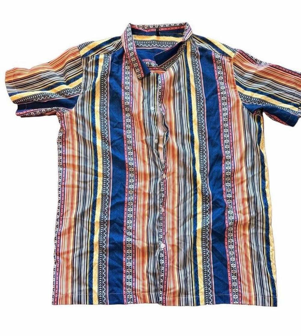 Mens Short Sleeve Button Down Shirt Aztec Southwest Tribal Stripe Size L